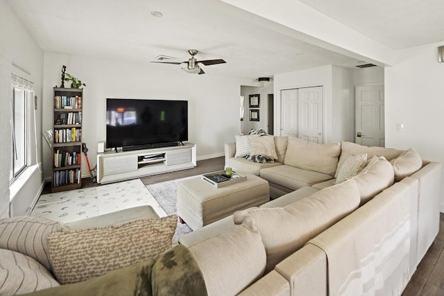 50 Triton Ave, Winthrop, MA 02152 - living room featuring baseboards, a ceiling fan, and wood finished floors