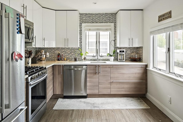 50 Triton Ave, Winthrop, MA 02152 - kitchen with stainless steel appliances, a sink, modern cabinets, light countertops, and dark wood-style flooring