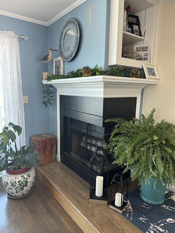detailed view of a fireplace with raised hearth and ornamental molding