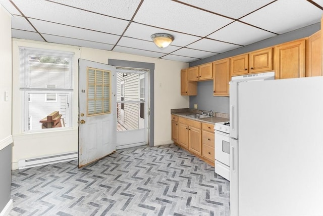 342 Broadway, North Attleboro, MA 02760 - kitchen with white appliances, a baseboard radiator, and a paneled ceiling
