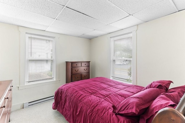 342 Broadway, North Attleboro, MA 02760 - bedroom featuring a paneled ceiling, a baseboard radiator, carpet floors, and multiple windows