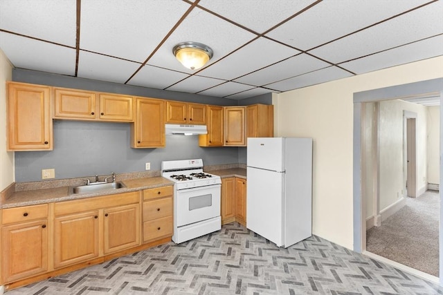 342 Broadway, North Attleboro, MA 02760 - kitchen featuring white appliances, under cabinet range hood, a drop ceiling, and light countertops