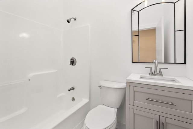 full bathroom with toilet, vanity, and bathing tub / shower combination