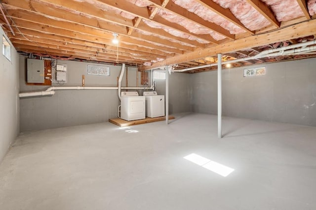 basement with washing machine and dryer and electric panel