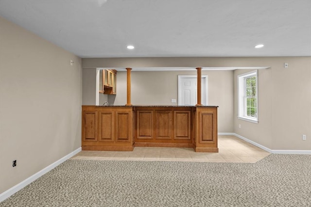 bar area with light carpet, baseboards, and recessed lighting