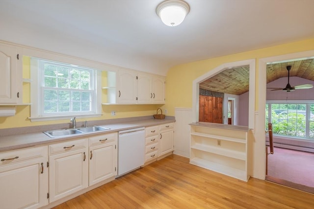 22 Liberty St, Bellingham, MA 02019 - kitchen featuring dishwasher, open shelves, a baseboard heating unit, white cabinetry, and lofted ceiling
