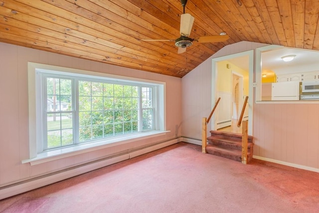 22 Liberty St, Bellingham, MA 02019 - carpeted empty room featuring lofted ceiling, wood ceiling, baseboard heating, a ceiling fan, and wood walls