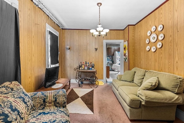 439 Walnut Ave, Boston, MA 02119 - carpeted living room featuring a chandelier and wood walls