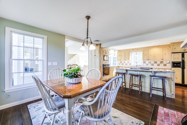 dining area featuring sink and dark hardwood / wood-style floors