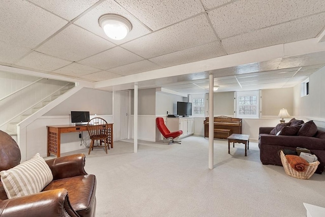 16 Kirsi Cir, Westford, MA 01886 - living area featuring a paneled ceiling, a desk, stairway, and carpet flooring