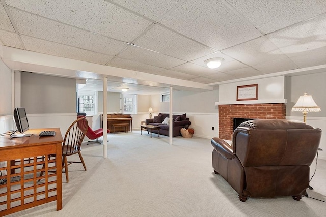 16 Kirsi Cir, Westford, MA 01886 - living room with light carpet, a fireplace, wainscoting, and a paneled ceiling