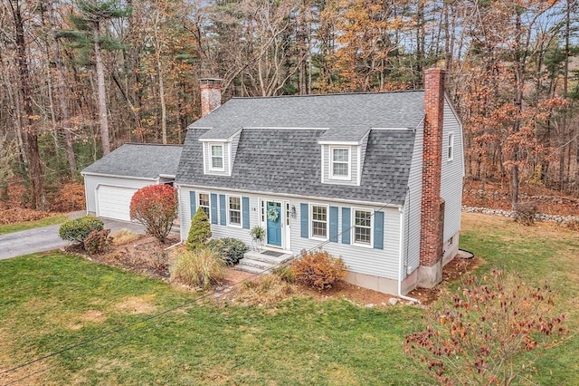 16 Kirsi Cir, Westford, MA 01886 - dutch colonial with a chimney, roof with shingles, asphalt driveway, and a front lawn