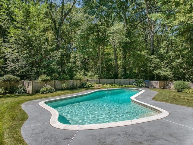 view of pool with a lawn, a fenced in pool, and a fenced backyard