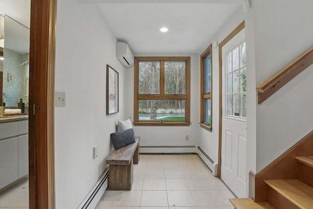 entryway featuring stairs, light tile patterned floors, an AC wall unit, a baseboard heating unit, and recessed lighting