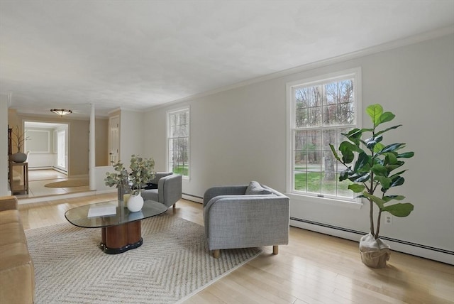 living room featuring plenty of natural light, a baseboard radiator, crown molding, and light wood-type flooring