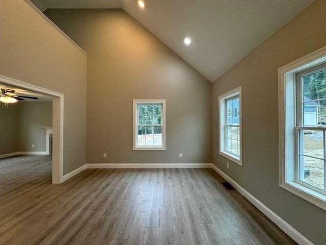 unfurnished room with a fireplace, wood finished floors, and a wealth of natural light