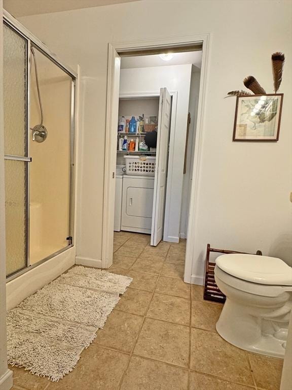 5 Boyle Rd, Gill, MA 01354 - full bathroom featuring washer and dryer, a shower stall, and tile patterned floors