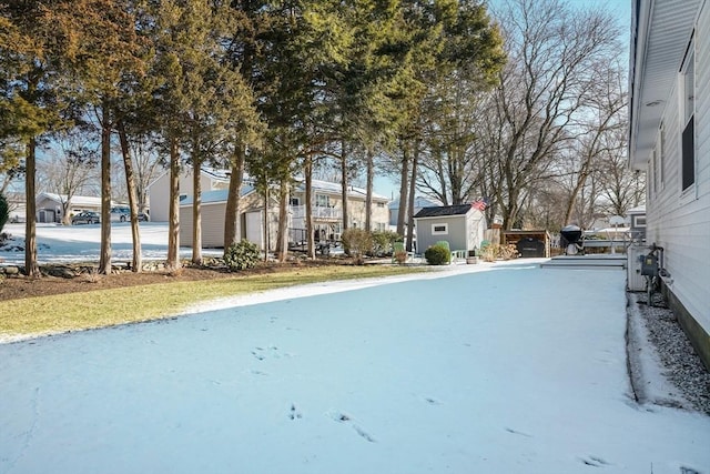 view of yard featuring a storage shed