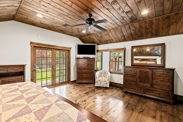 3 Side Hill Rd, Hingham, MA 02043 - bedroom with vaulted ceiling, wood ceiling, access to outside, dark wood-style floors, and baseboards