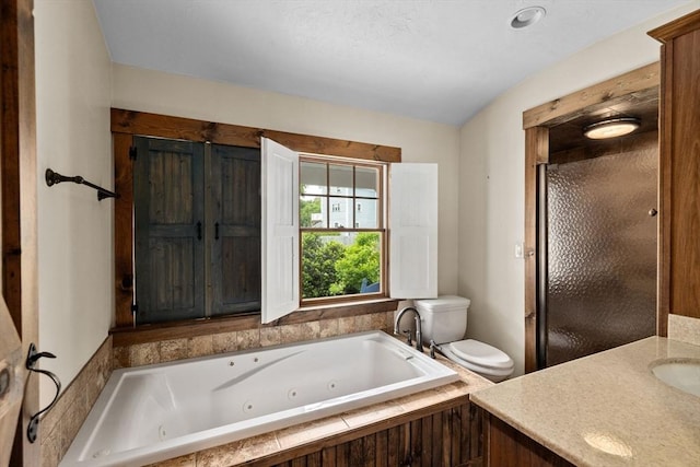 3 Side Hill Rd, Hingham, MA 02043 - full bathroom featuring toilet, a whirlpool tub, vanity, and a shower stall