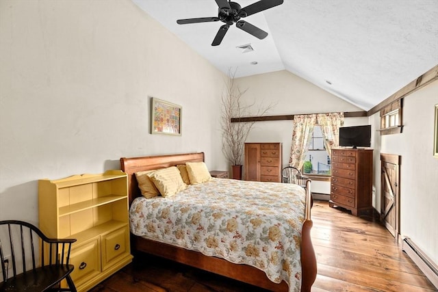 3 Side Hill Rd, Hingham, MA 02043 - bedroom with a baseboard heating unit, lofted ceiling, hardwood / wood-style floors, and a ceiling fan