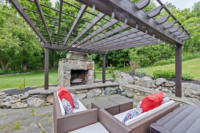 3 Side Hill Rd, Hingham, MA 02043 - deck with a pergola, an outdoor living space with a fireplace, a yard, and a patio