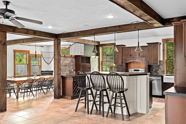 3 Side Hill Rd, Hingham, MA 02043 - kitchen featuring beamed ceiling, stainless steel dishwasher, dark countertops, backsplash, and ceiling fan