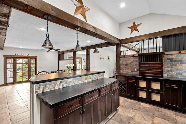 3 Side Hill Rd, Hingham, MA 02043 - kitchen with dark countertops, tasteful backsplash, a center island, recessed lighting, and lofted ceiling