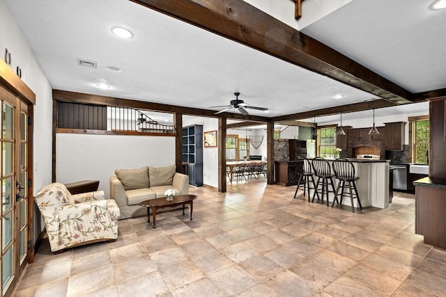3 Side Hill Rd, Hingham, MA 02043 - living area with beam ceiling, ceiling fan, recessed lighting, and light stone finish flooring
