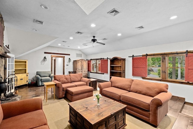 3 Side Hill Rd, Hingham, MA 02043 - living room featuring vaulted ceiling, recessed lighting, ceiling fan, and baseboards