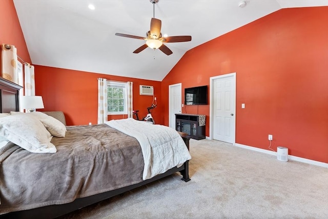 bedroom featuring baseboards, lofted ceiling, ceiling fan, a wall mounted air conditioner, and carpet floors