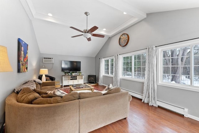 living area featuring lofted ceiling with beams, ceiling fan, wood finished floors, a baseboard heating unit, and recessed lighting