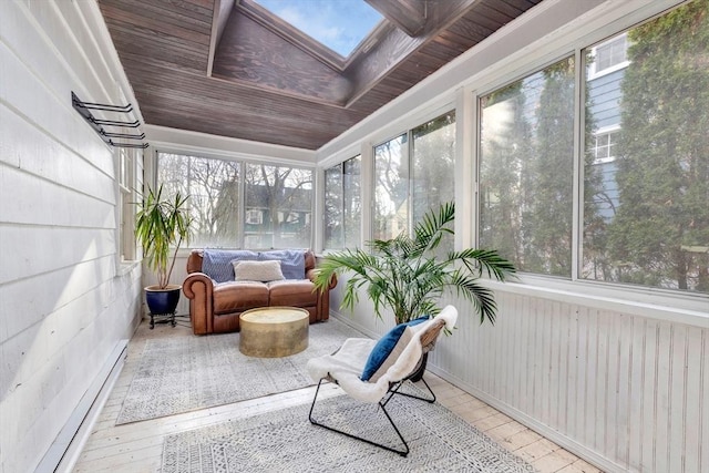 sunroom featuring wooden ceiling, baseboard heating, and a skylight