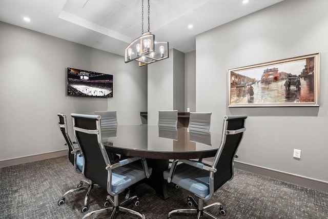 121 Portland St Unit 505, Boston, MA 02114 - carpeted dining room featuring a chandelier, recessed lighting, and a raised ceiling