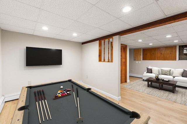 rec room featuring baseboards, billiards, recessed lighting, and wood finished floors