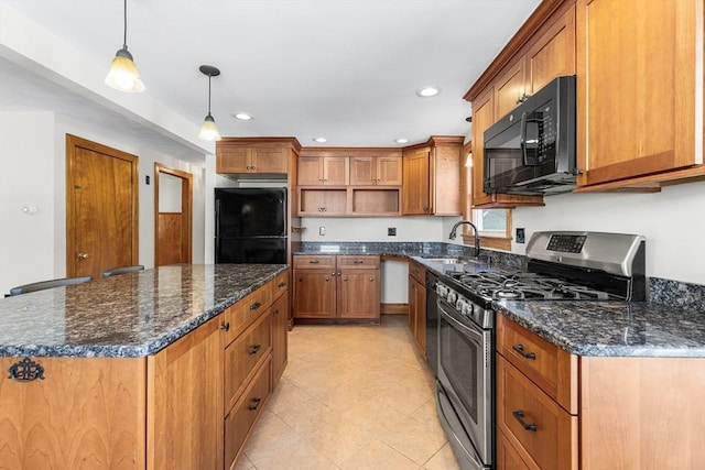 kitchen featuring a sink, open shelves, black appliances, and brown cabinetry