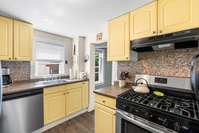 134 Hampton Cir, Hull, MA 02045 - kitchen with appliances with stainless steel finishes, under cabinet range hood, a sink, dark wood-style floors, and tasteful backsplash