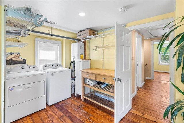 134 Hampton Cir, Hull, MA 02045 - washroom with washing machine and dryer, wood finished floors, attic access, and recessed lighting