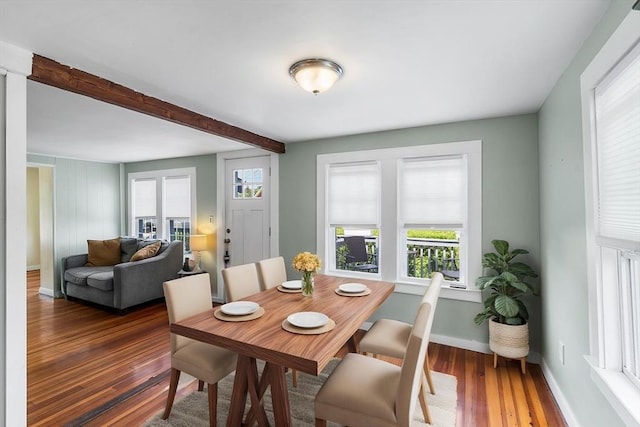 134 Hampton Cir, Hull, MA 02045 - dining space featuring wood finished floors, baseboards, and beamed ceiling