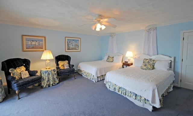 bedroom with ornamental molding, carpet flooring, and a ceiling fan