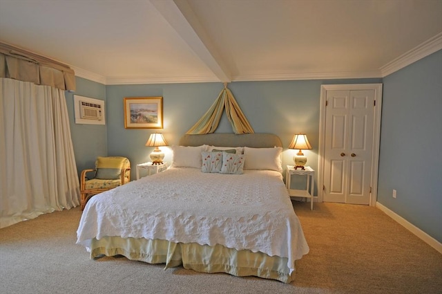 carpeted bedroom with beam ceiling, crown molding, baseboards, and a wall mounted AC