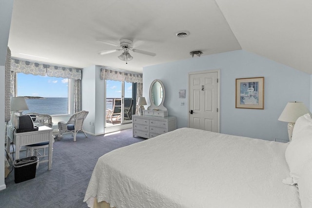 bedroom with visible vents, a ceiling fan, access to outside, vaulted ceiling, and dark colored carpet