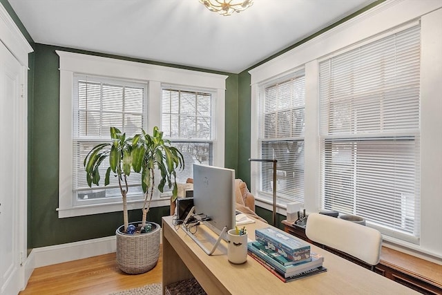 home office with wood-type flooring