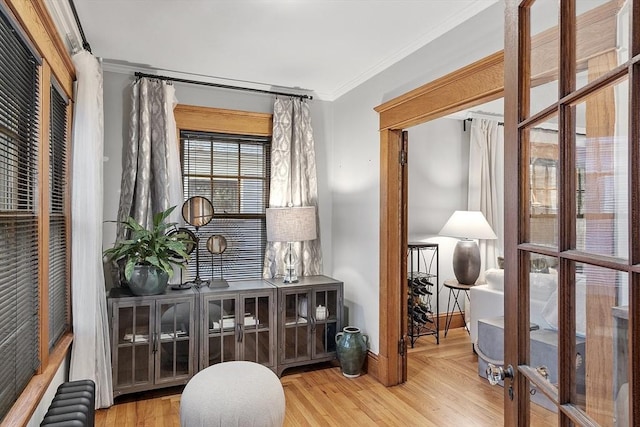 living area featuring radiator heating unit, light wood-type flooring, and crown molding