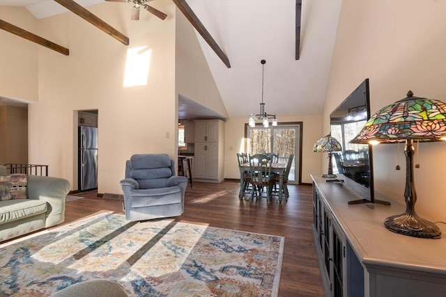 living room featuring ceiling fan, dark hardwood / wood-style floors, high vaulted ceiling, and beam ceiling