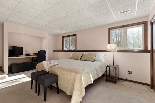 carpeted bedroom with multiple windows and a paneled ceiling