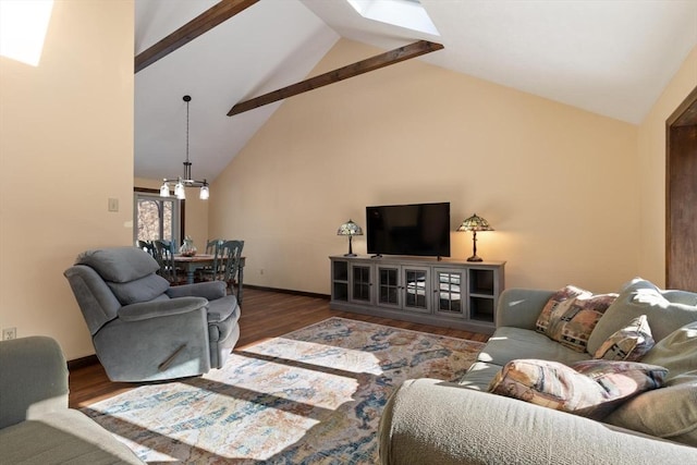 living room featuring an inviting chandelier, high vaulted ceiling, dark hardwood / wood-style floors, and beamed ceiling