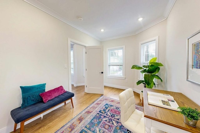 30 Pembroke St, Somerville, MA 02145 - sitting room featuring ornamental molding, wood finished floors, baseboards, and recessed lighting