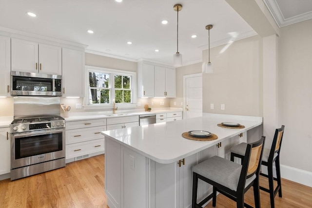 21 Francis St Unit 21, Newton, MA 02459 - kitchen with stainless steel appliances, crown molding, a sink, light countertops, and a kitchen breakfast bar