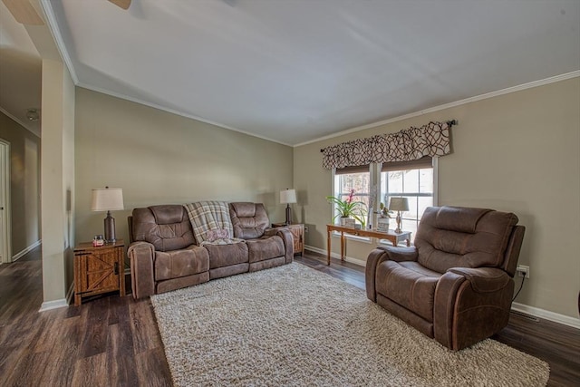 living room featuring dark wood-type flooring and ornamental molding